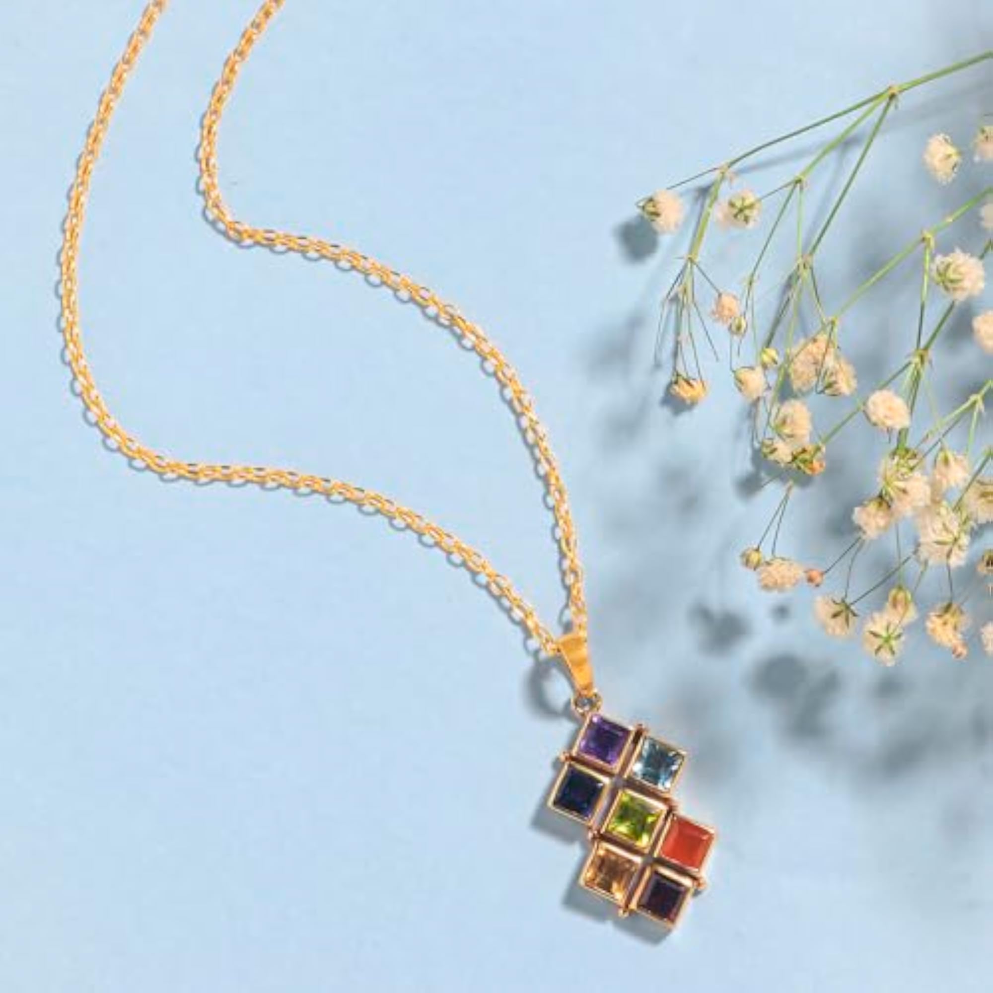 Women's Gold Plated Chakra Pendant Necklace, Floral Design
